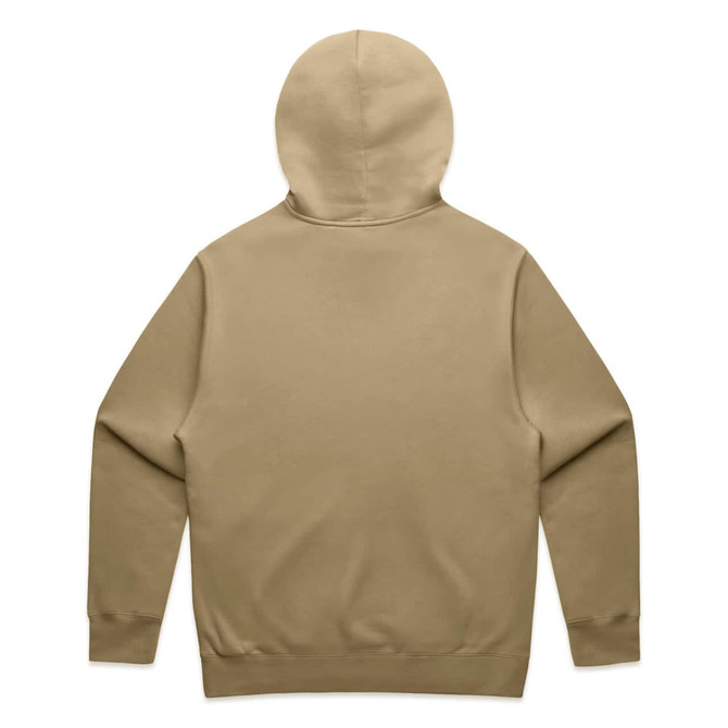 A beige hoodie with a hood, featuring long sleeves and a simple design at the back.
