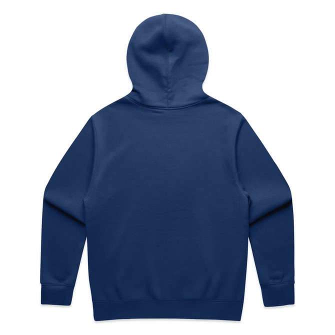 A navy hoodie featuring a spacious back design and a hood. It includes a logo detail.
