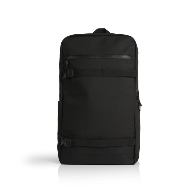 A black recycled strap backpack with multiple zippered compartments and a logo.