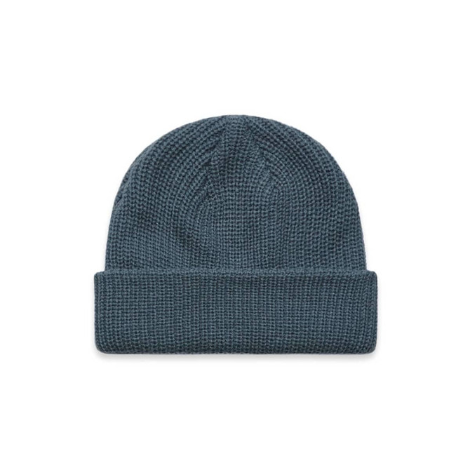 A blue beanie with a textured knit design and a folded cuff. It features a logo on the side.