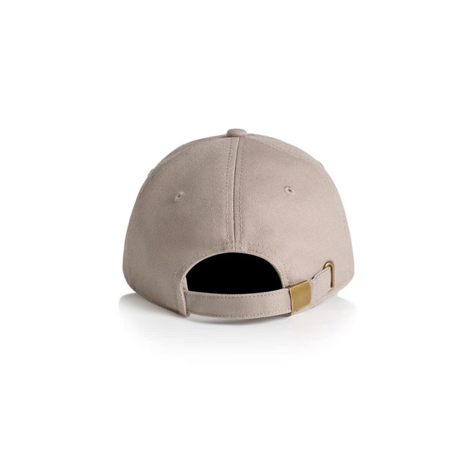 A beige cap with a curved brim and an adjustable strap at the back, featuring a logo.