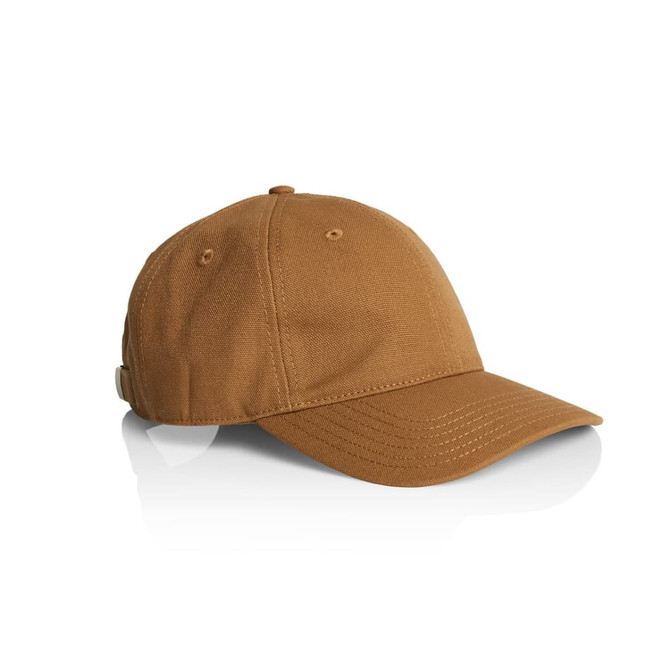 A brown canvas cap featuring a curved brim and an adjustable strap at the back. It has a logo on the side.