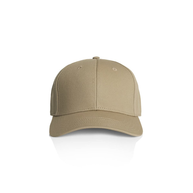 A beige cap featuring a structured design and a logo on the front. Ideal for casual wear or promotions.