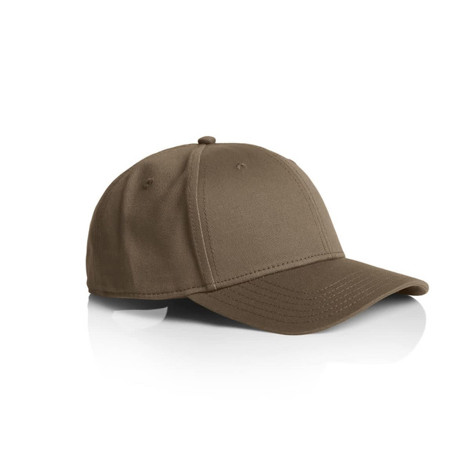 A brown cap with a curved brim, featuring stitching details and a logo on the front panel.