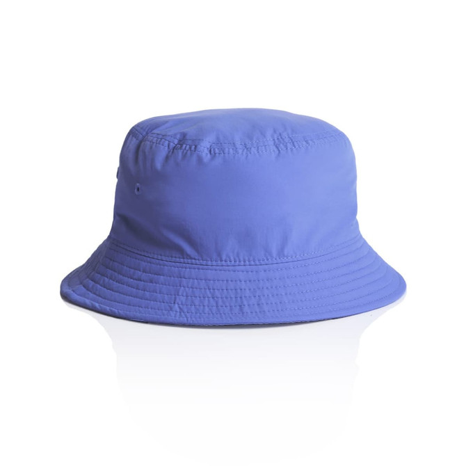 A purple nylon bucket hat with a wide brim and a branded logo.