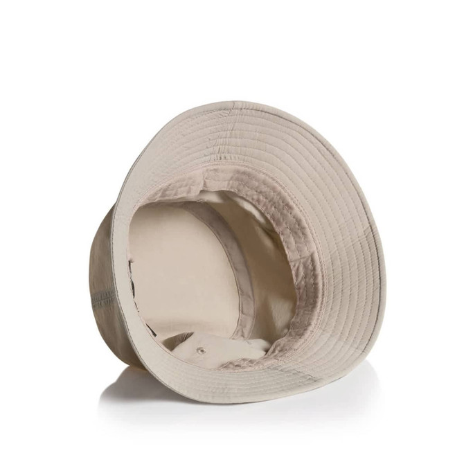A beige nylon bucket hat with a wide brim and an inner lining, featuring a logo inside.