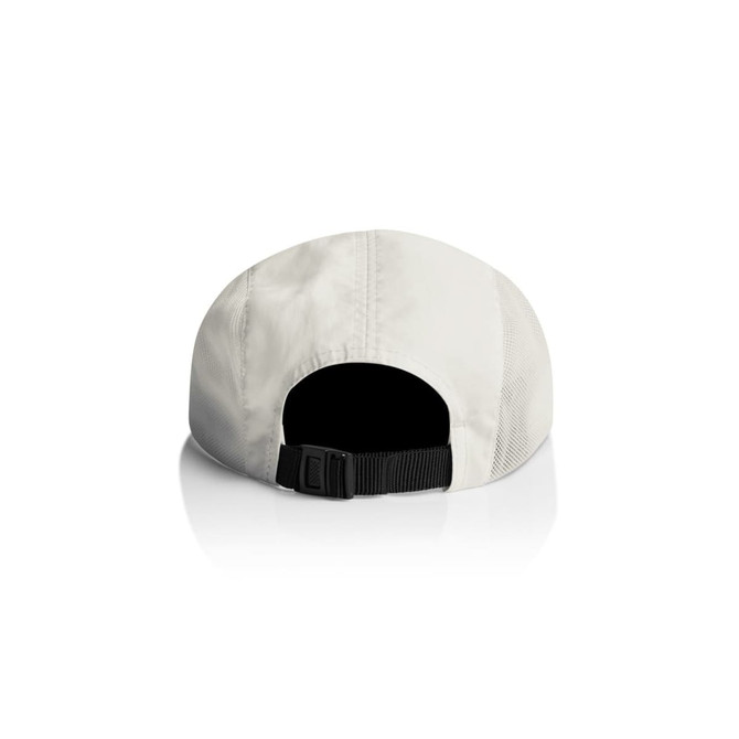 A light grey cap with a black adjustable strap at the back and a logo on the side.