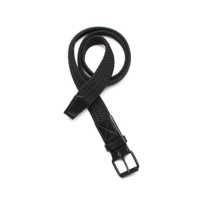 A black woven mesh belt with a square buckle and a leather tip. It features a branded logo.