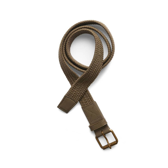 A woven mesh belt in khaki with a metal buckle, featuring a leather accent and a textured design.
