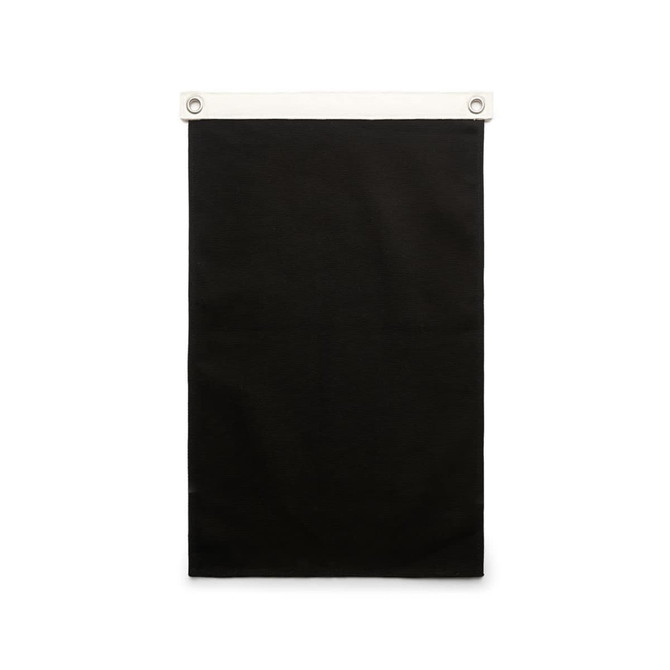 A black canvas flag with a white header and grommets for hanging. It is designed for exhibitions and events.