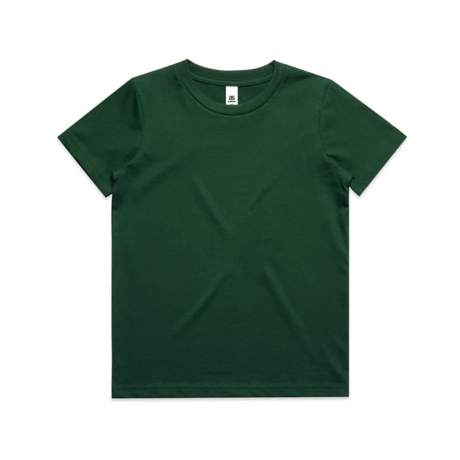 A green kids' staple tee featuring a classic crew neck design and a tag label.