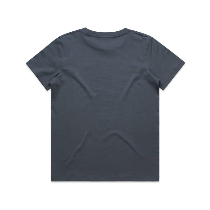 A grey kids' t-shirt with a simple design and a logo on the back.