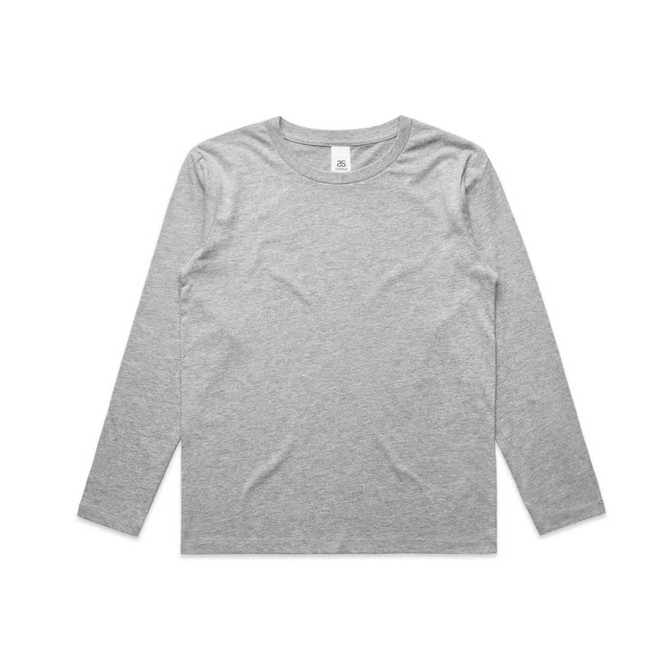 A grey long-sleeve T-shirt with a crew neckline and a label inside. It features branding.