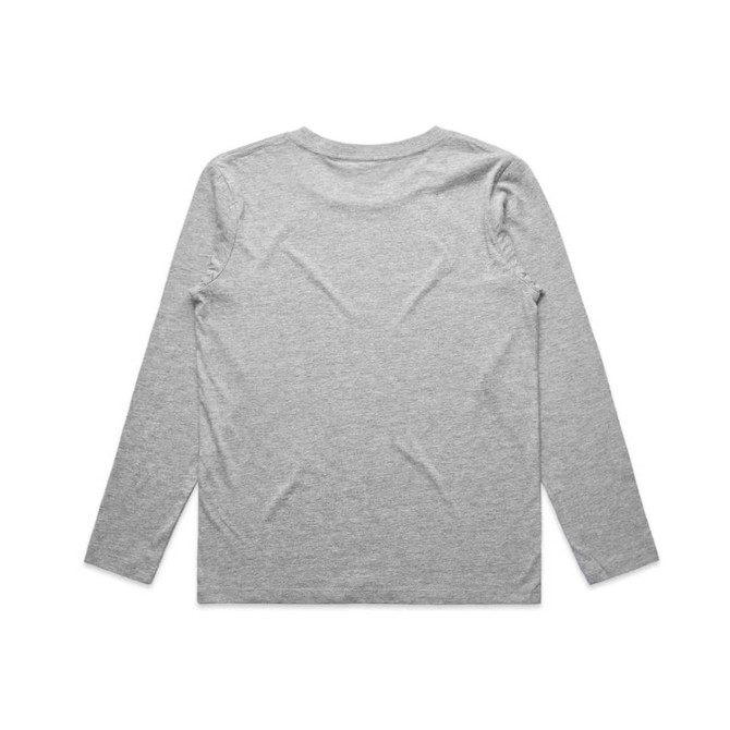 A grey long-sleeve t-shirt with a simple design, featuring a logo on the back.