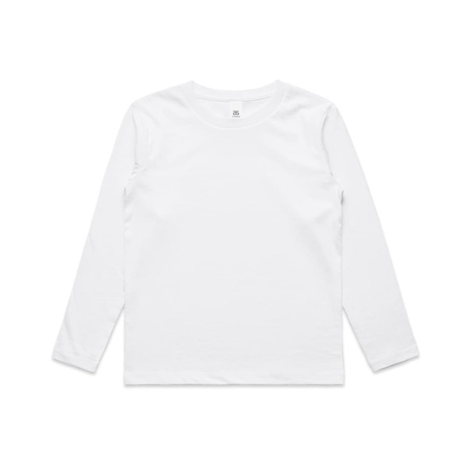 A white long-sleeve t-shirt for kids, featuring a simple design and a logo on the label.