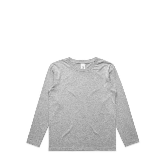A grey long-sleeve t-shirt featuring a round neckline and a simple design. It has a logo label on the inside.