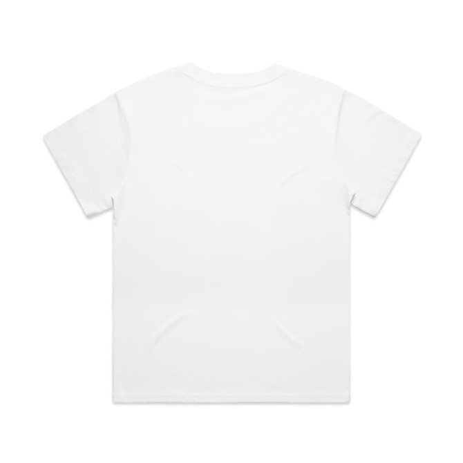 A plain white T-shirt with a back view, featuring a smooth fabric texture and a simple design.