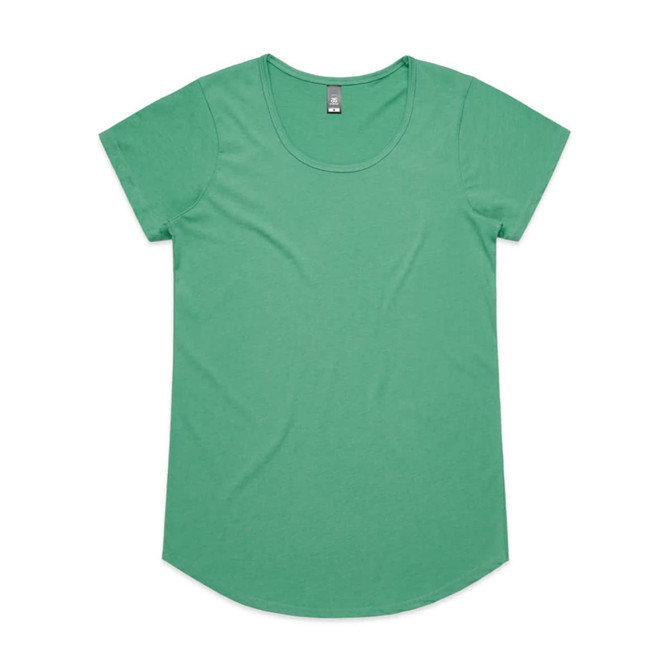 A green short-sleeved T-shirt with a rounded neckline and a logo on the label.