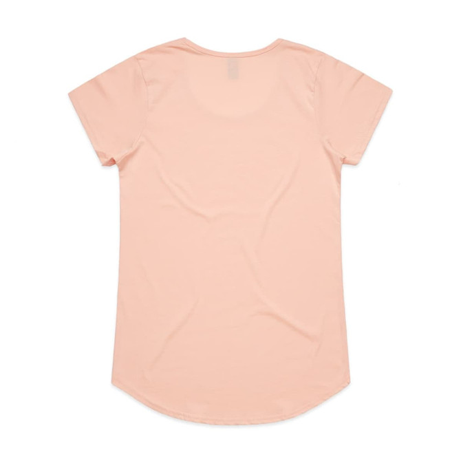 A light peach T-shirt with a rounded hem and a smooth finish. It has a label at the neck and a logo.