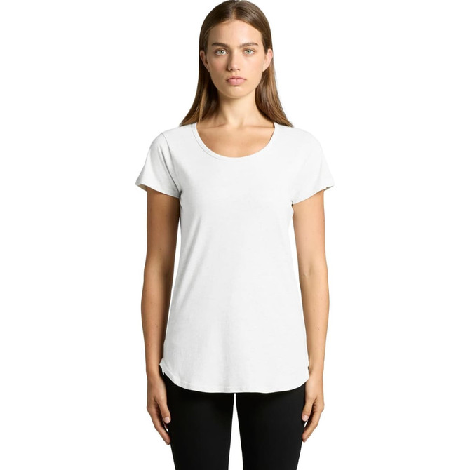 A white T-shirt with short sleeves and a scooped neckline, displayed on a model against a plain background.