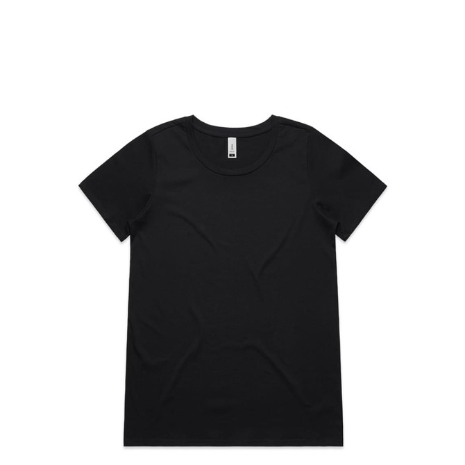 A black T-shirt featuring a round neckline and short sleeves, with a logo on the label.