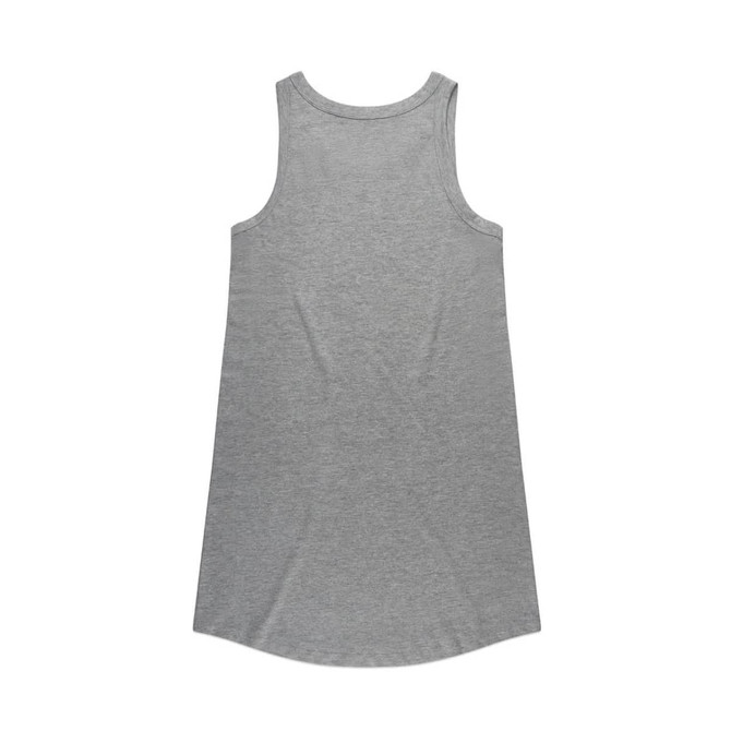 A grey sleeveless dress with a rounded hem and a simple design. Features a brand logo.