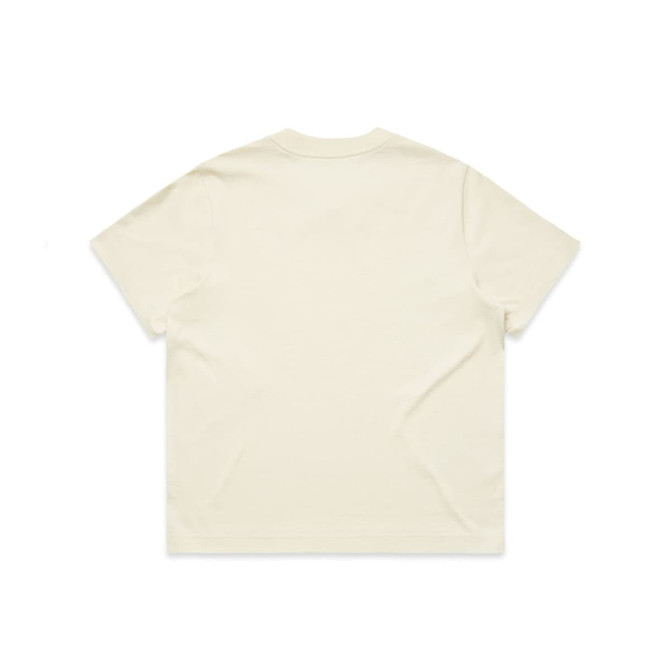 A cream-coloured, short-sleeved tee with a plain back, featuring a logo on the upper back.