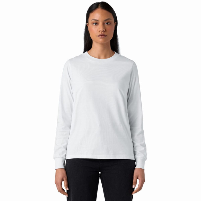 A white long-sleeve t-shirt with a round neckline and fitted sleeves. It features a logo on the front.