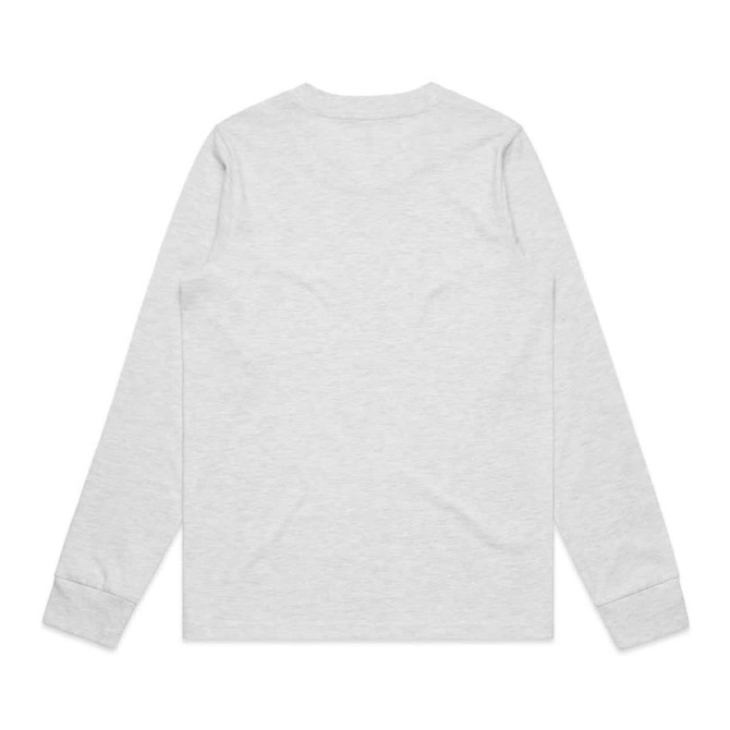 A long-sleeve grey t-shirt with a plain back. Features a logo on the front.