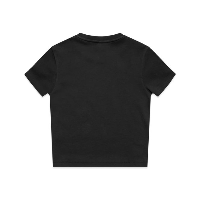 A black T-shirt with a simple design and a logo on the label. The back is plain without any graphics.