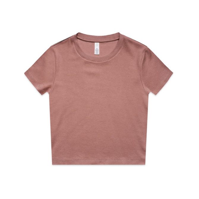 A short-sleeved tee in a muted rose colour, featuring a round neck and a label inside. It has a simple design.