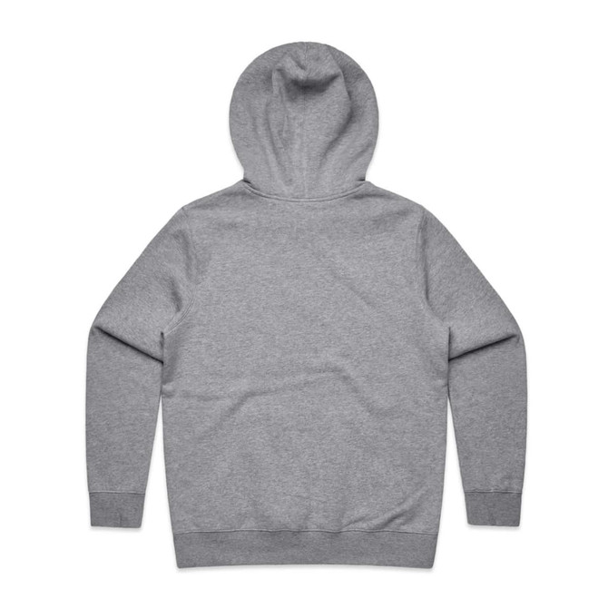 A grey hoodie with a spacious hood and long sleeves, featuring a back view design.