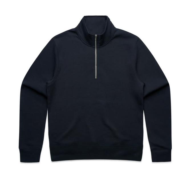 A navy half zip crew jumper featuring a zipper and long sleeves. The item has a plain design with a logo.