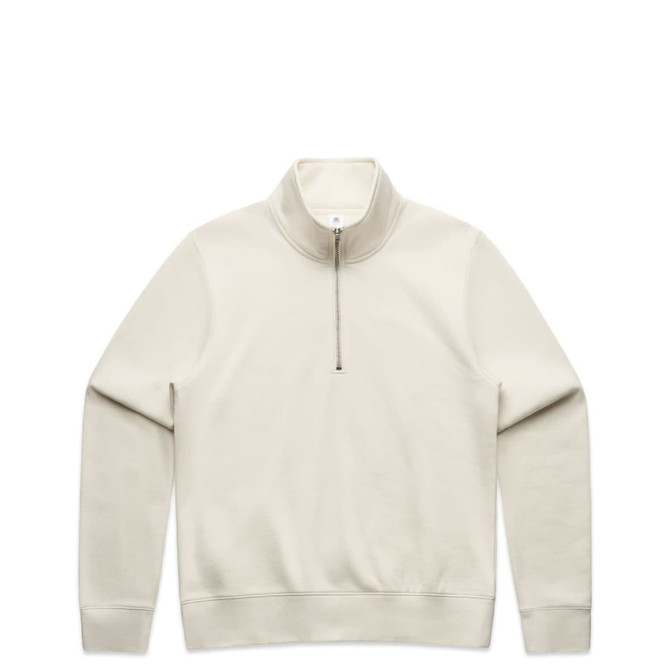 A beige half-zip crew jumper featuring a high collar and ribbed cuffs, with a logo on the front.