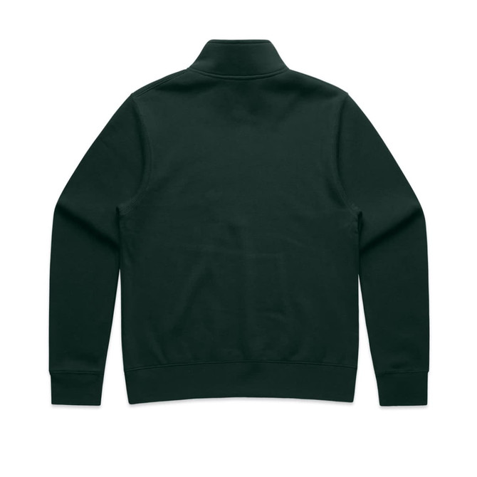 A dark green half zip crew jumper with a plain back design. Features a branding logo on the collar.