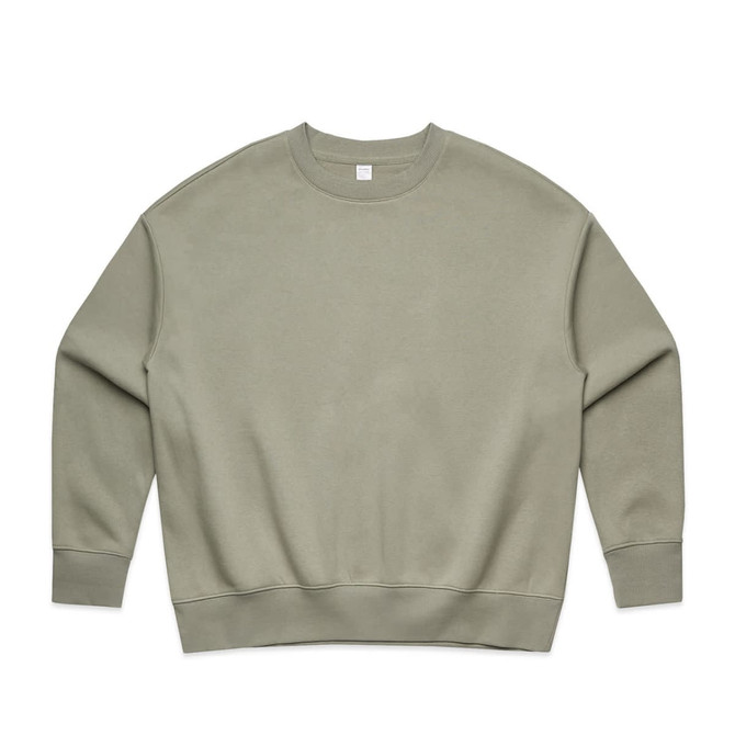 A light olive green jumper with a relaxed fit and long sleeves. It features a simple design and has a logo.