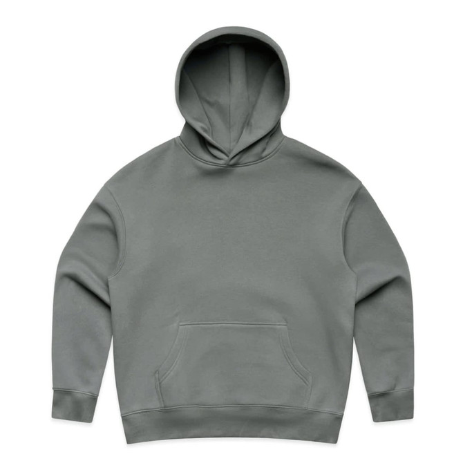 A grey hoodie with a front pocket and an attached hood, featuring a logo on the garment.