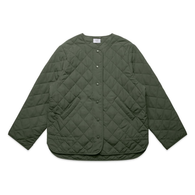 A green quilted jacket with a round neckline, front snap buttons, and side pockets. It has a plain design with branding.