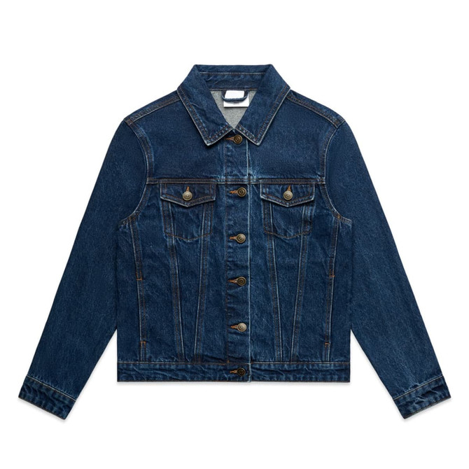 A denim jacket in a deep blue shade featuring a classic collar, front pockets, and button closure. It has a logo.
