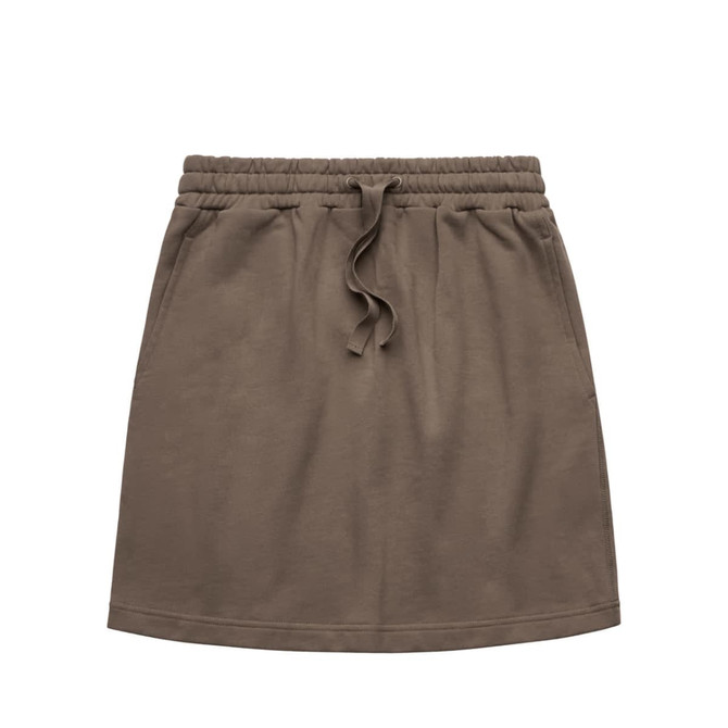 A khaki skirt with an elastic waistband and drawstring detail. It features a simple design and no visible logo.