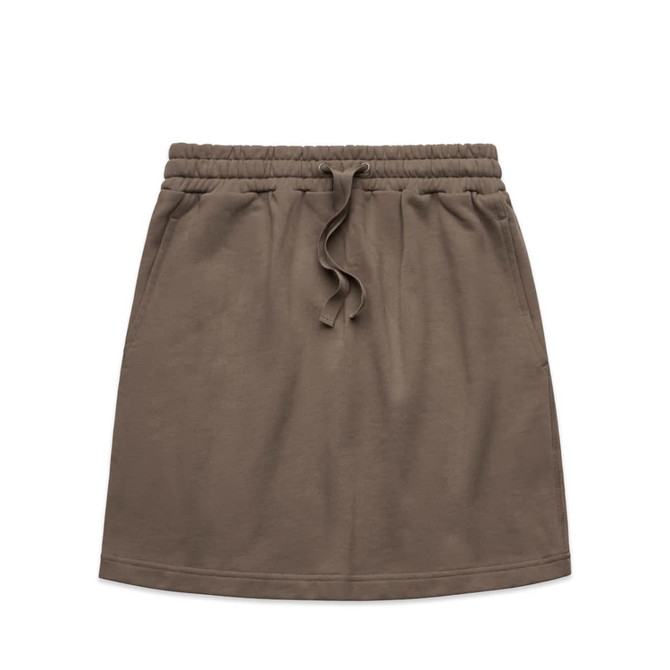 A terracotta-coloured skirt featuring an elastic waistband and adjustable drawstring, with side pockets and a logo.