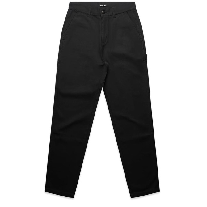 A pair of black cargo pants with a logo, featuring a straight cut and multiple pockets.