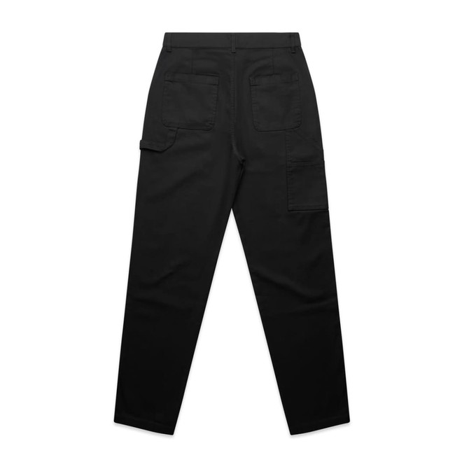 Black utility cargo pants with a straight leg and multiple pockets on the back and side. Features a logo branding.