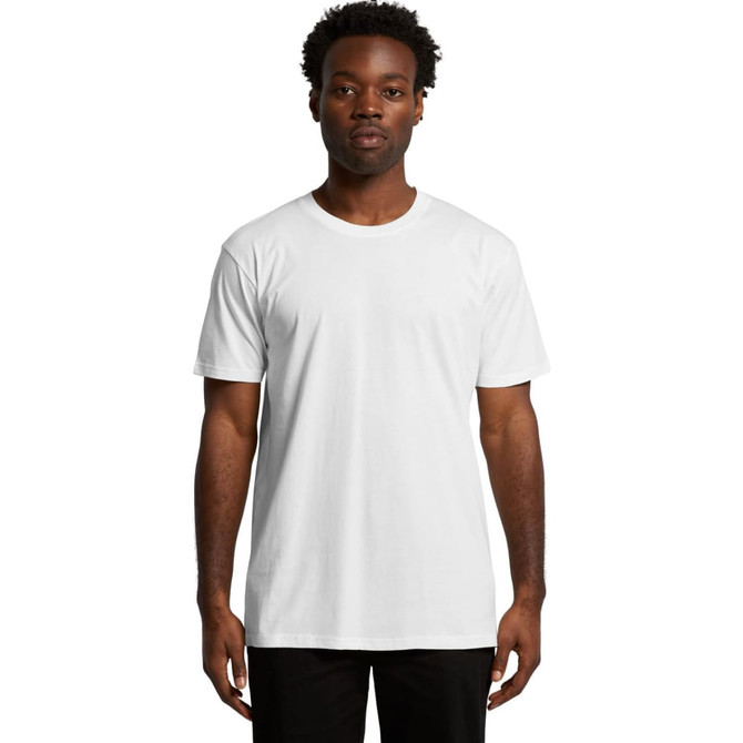 A plain white organic T-shirt with a standard crew neck design, featuring a branding logo.
