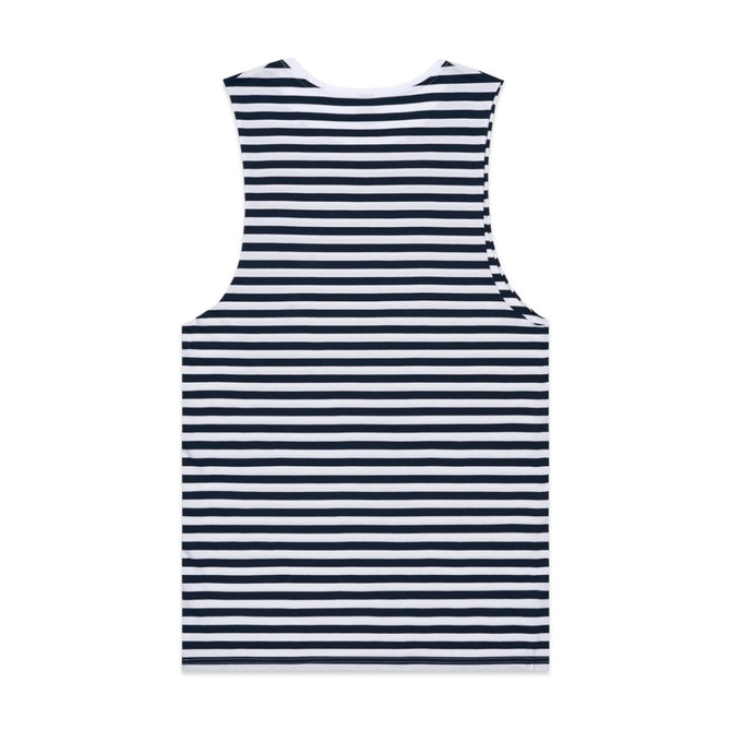 A sleeveless singlet featuring navy and white horizontal stripes, with a simple design and a logo on the back.