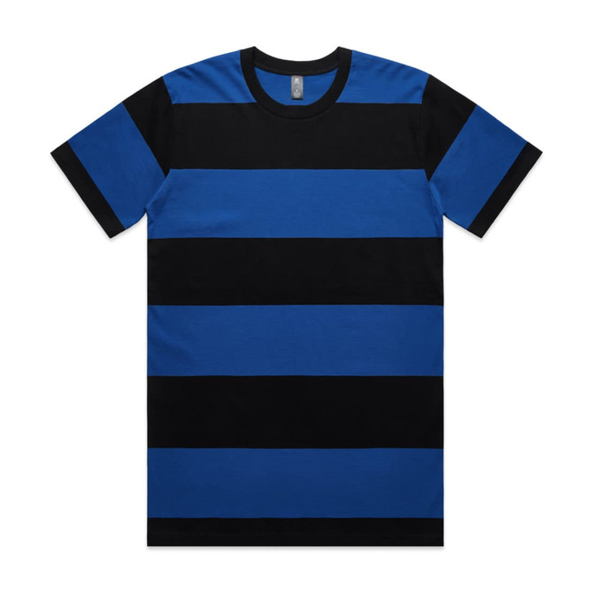 A blue and black striped t-shirt featuring a round neckline and short sleeves, with a logo on the label.