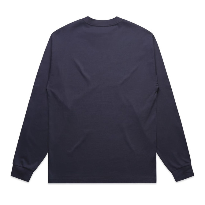 A navy blue long sleeve tee with a plain back and fitted cuffs. It features a logo on one side.
