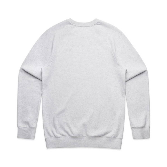 A grey jumper with a ribbed hem and cuffs, featuring a plain back design. Includes a logo.
