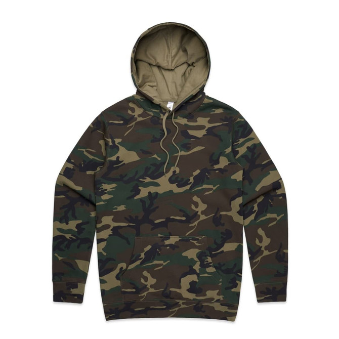 A camouflage hoodie featuring shades of green and brown, with a drawstring hood and a front pocket.