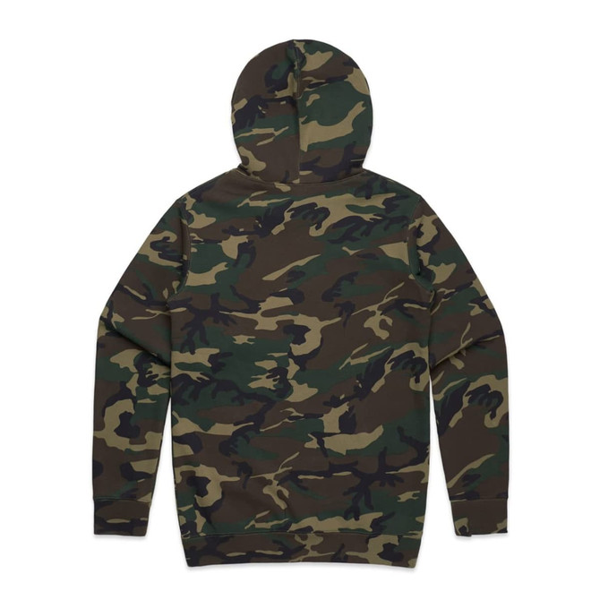 A camouflage hoodie in various shades of green and brown, featuring a hood and a logo.
